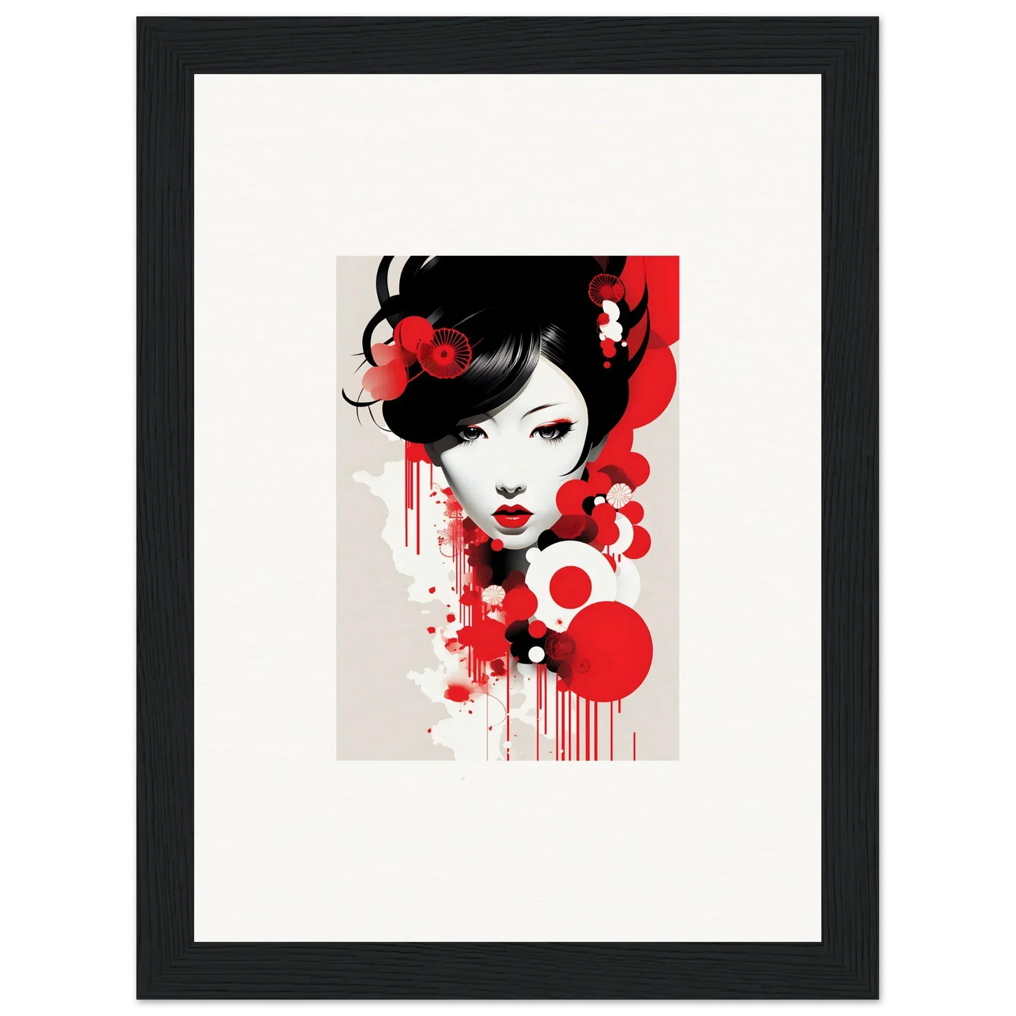 Stylized portrait of a woman with black hair and red accents for Room Decor or Framed Wall Art