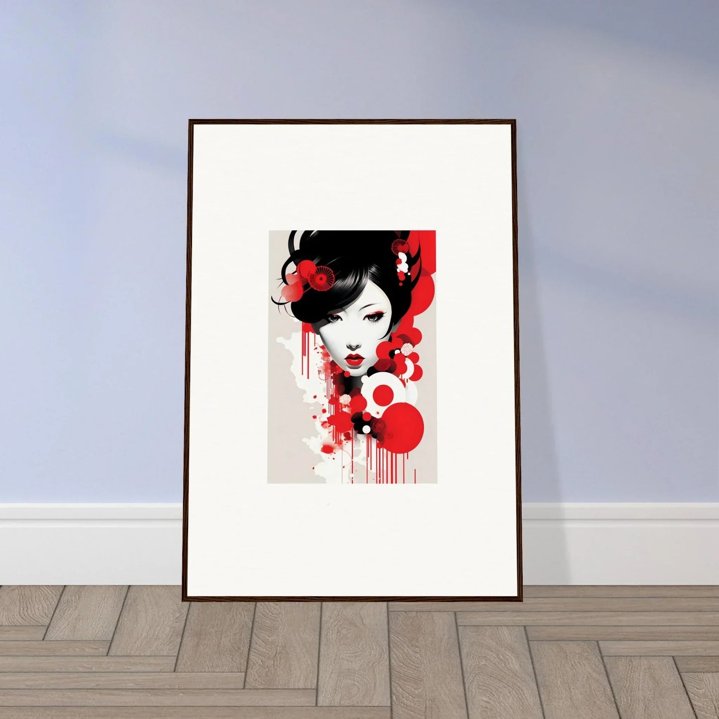 Framed wall art featuring visions blooming in a black and red woman’s face illustration