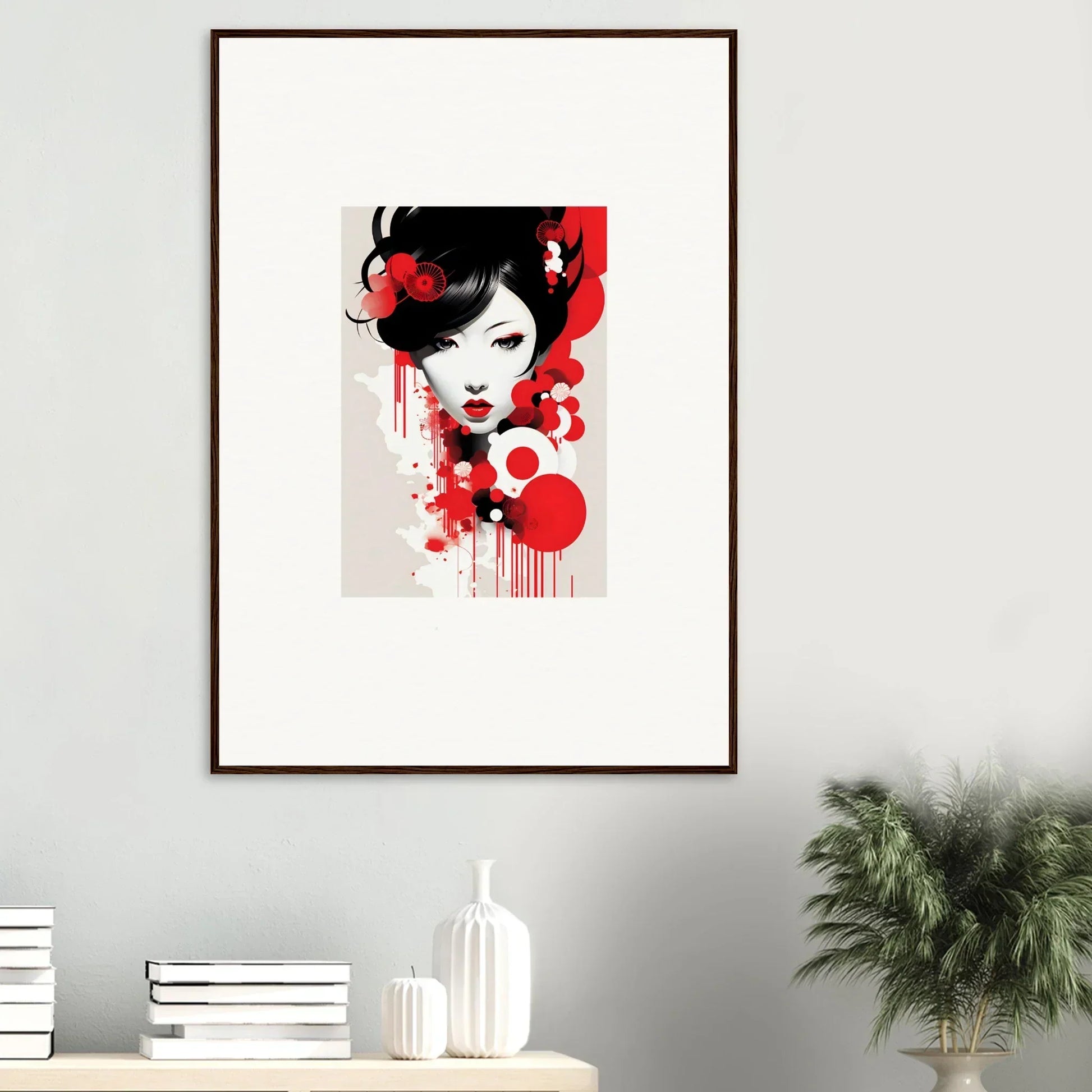 Framed wall art featuring a stylized portrait with red and black elements for room decor