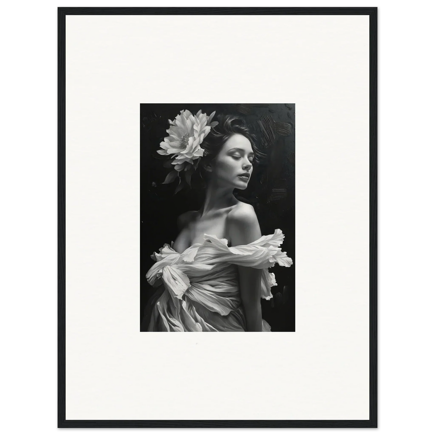 Black and white portrait of a woman with a flower, perfect for bliss reverie room decoration