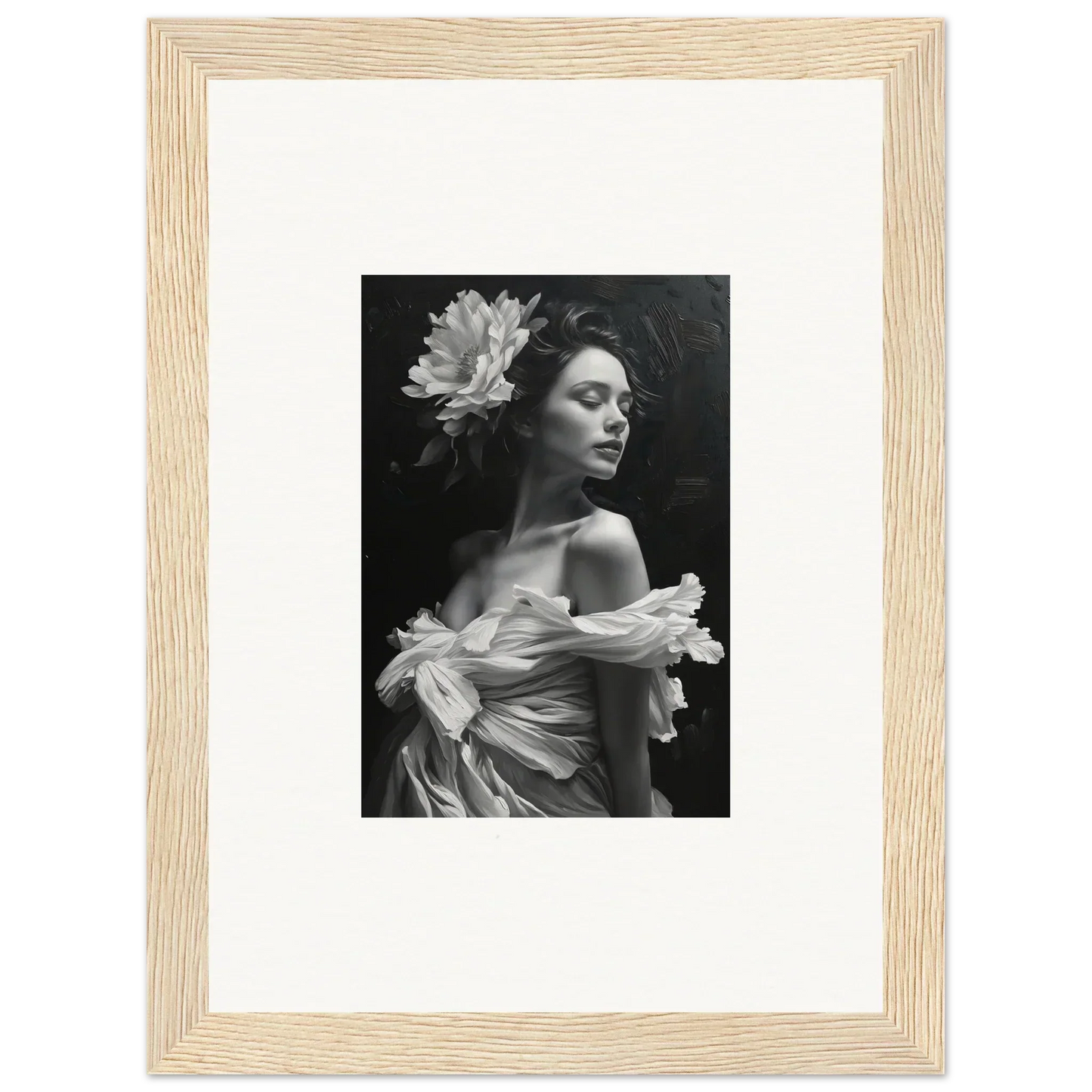 Black and white portrait of a woman with a flower, perfect for bliss reverie room decoration