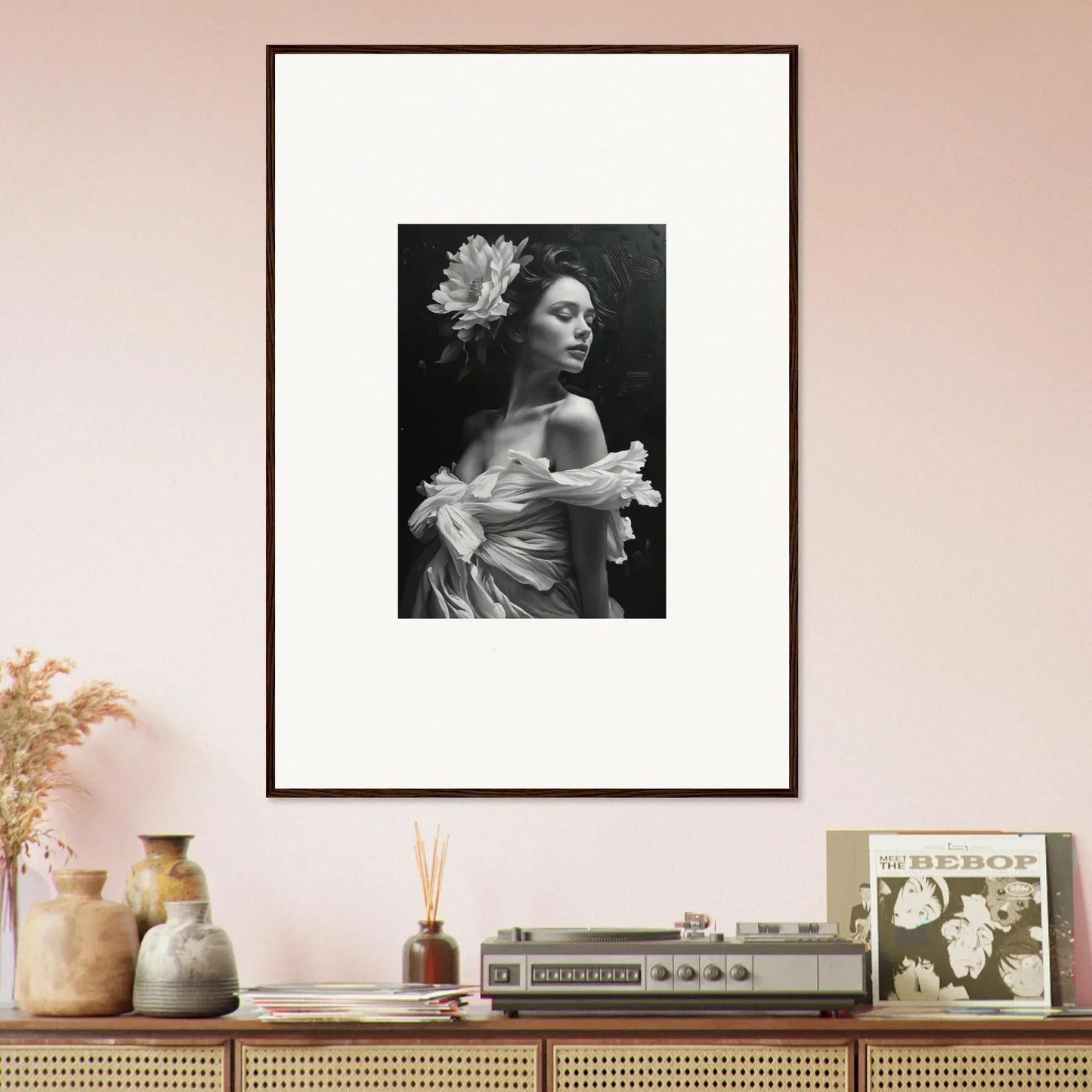 Framed black and white portrait of a woman with a flower for bliss reverie room decoration