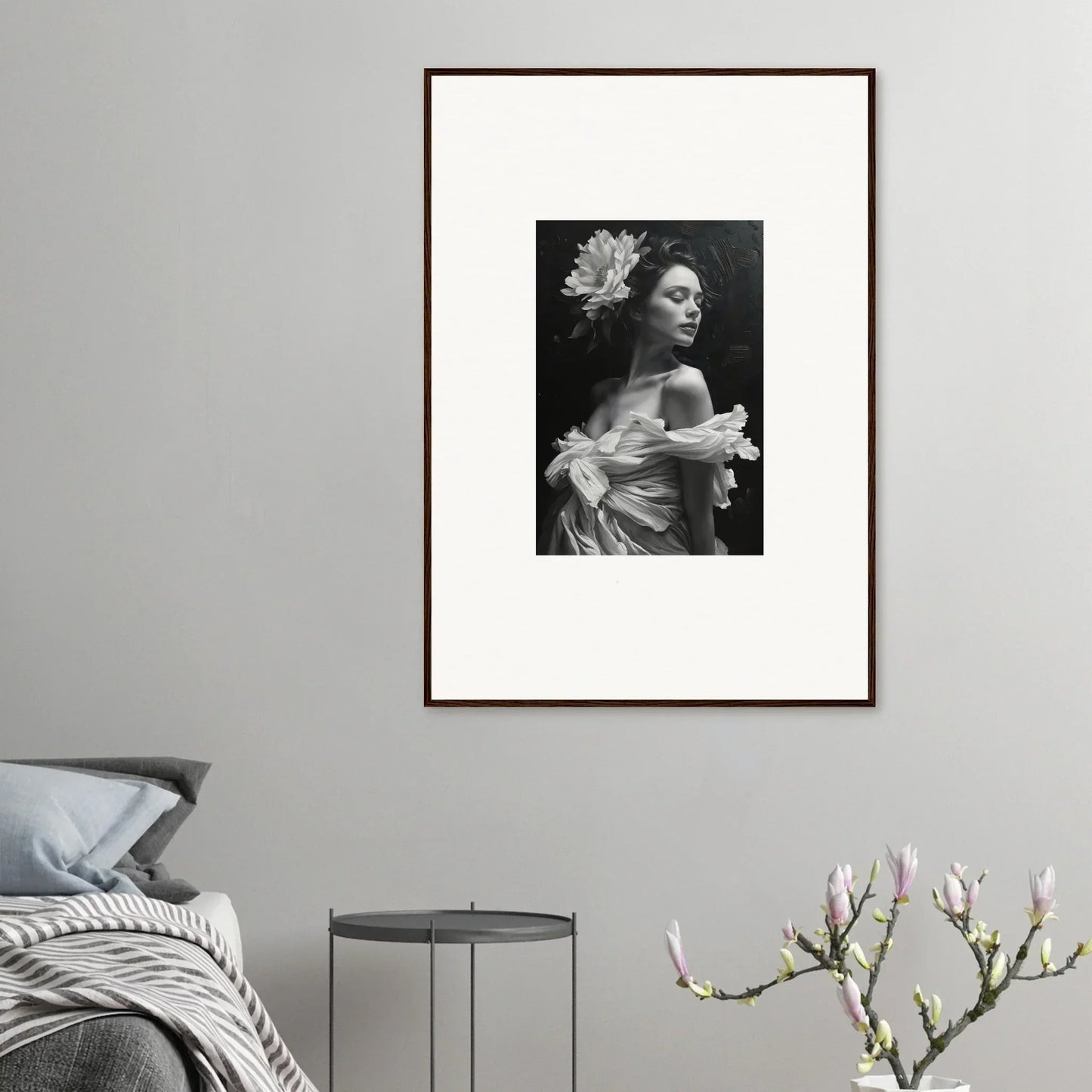 Framed black and white portrait of a woman with flowers, perfect for bliss reverie room decoration