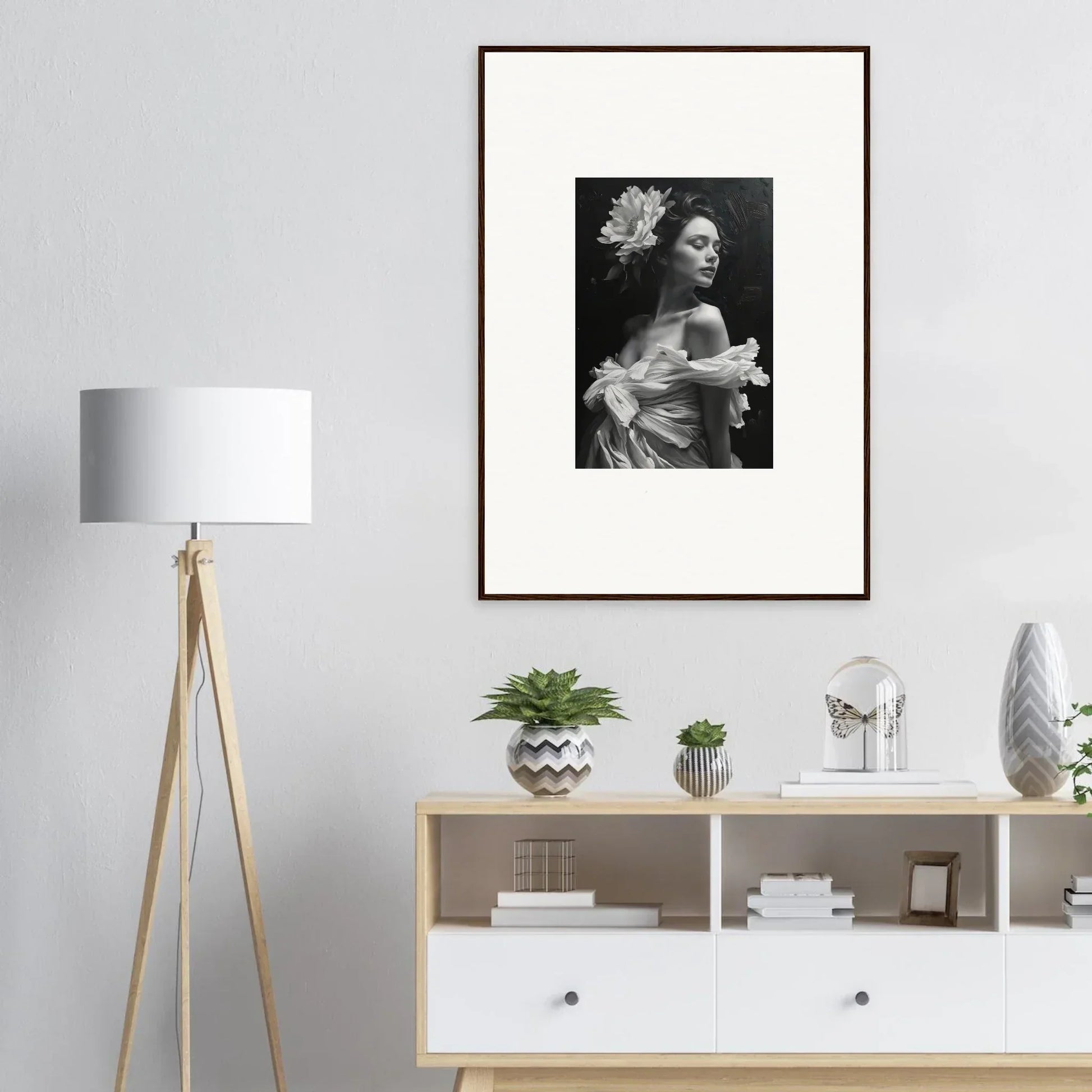 Framed black and white portrait of a woman with a flower, perfect for room decoration bliss reverie