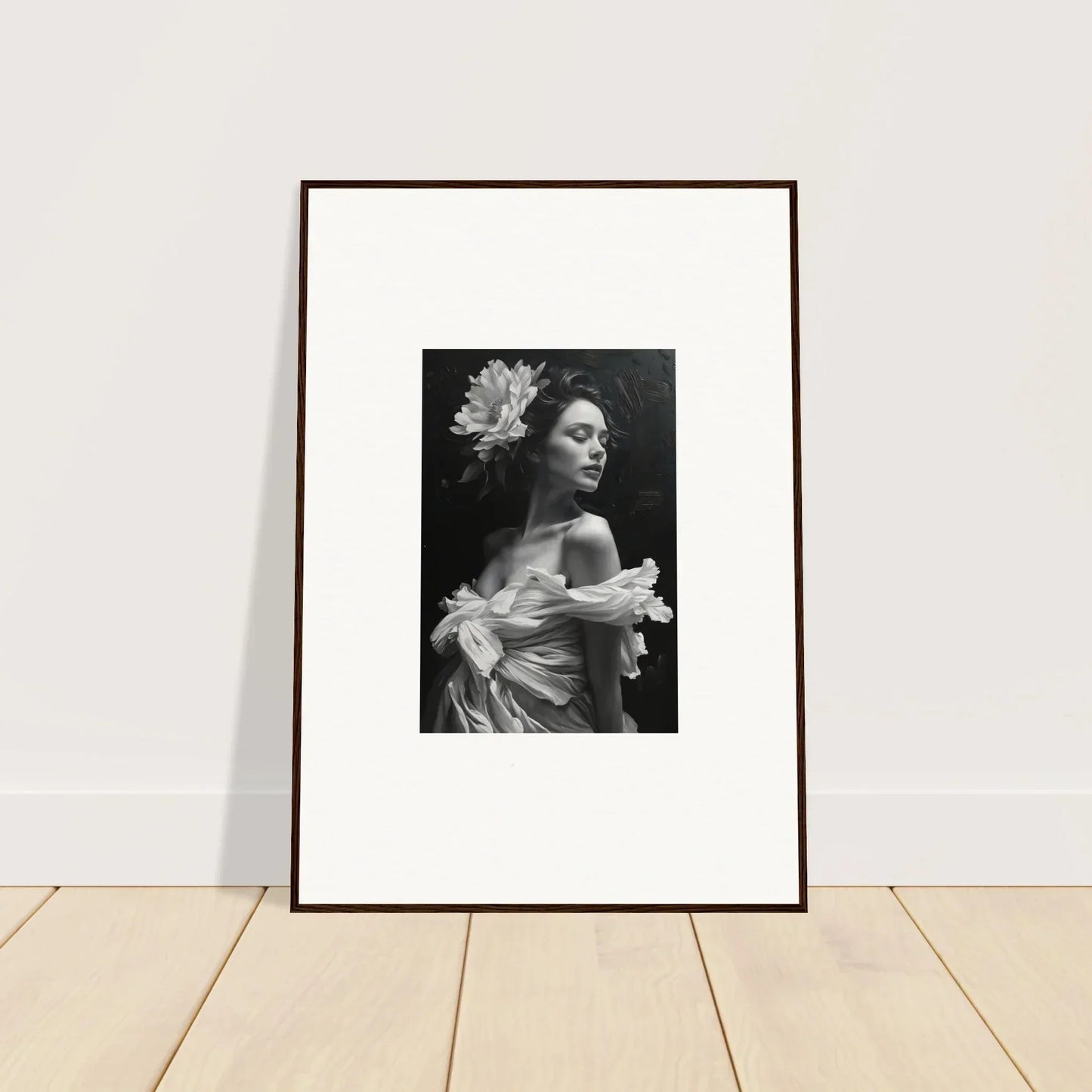 Framed black and white canvas print of a woman in an off-shoulder dress for bliss reverie room decoration