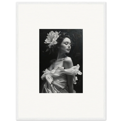 Black and white portrait of a woman in a floral dress for bliss reverie room decoration