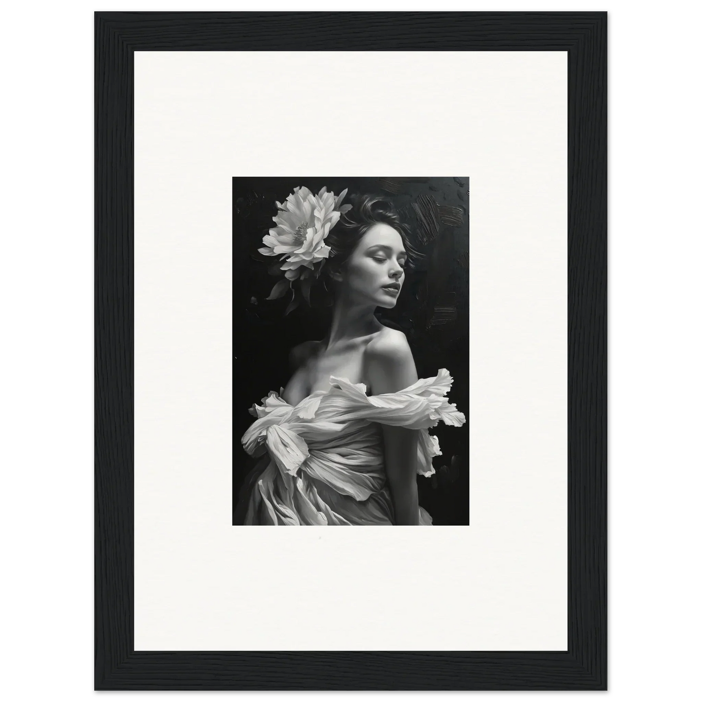 Black and white canvas print of a woman in an off-shoulder dress for bliss reverie room decoration