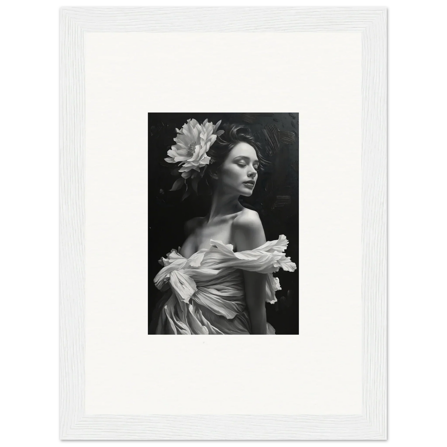 Black and white portrait of a woman in Moonlit Bliss Reverie, perfect for room decoration