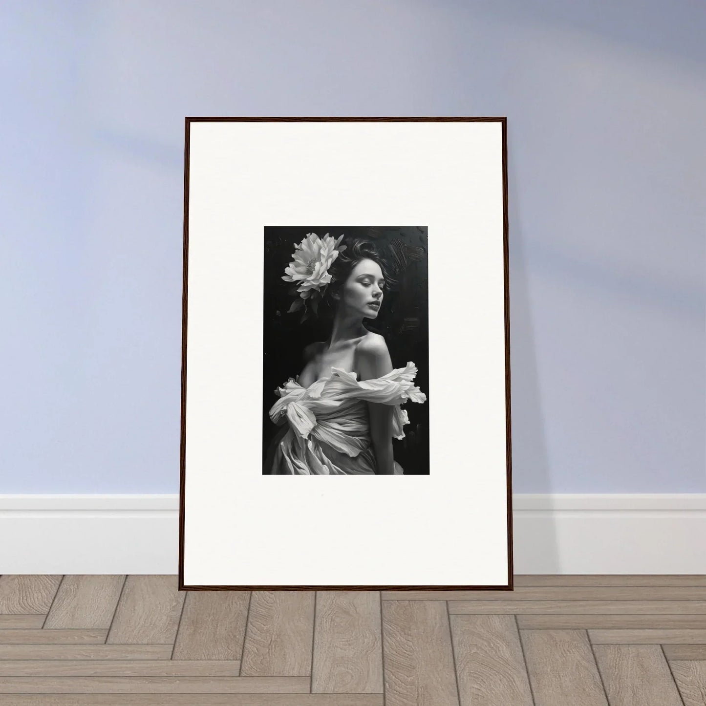 Framed black and white portrait of a woman in an elegant dress for room decoration bliss reverie