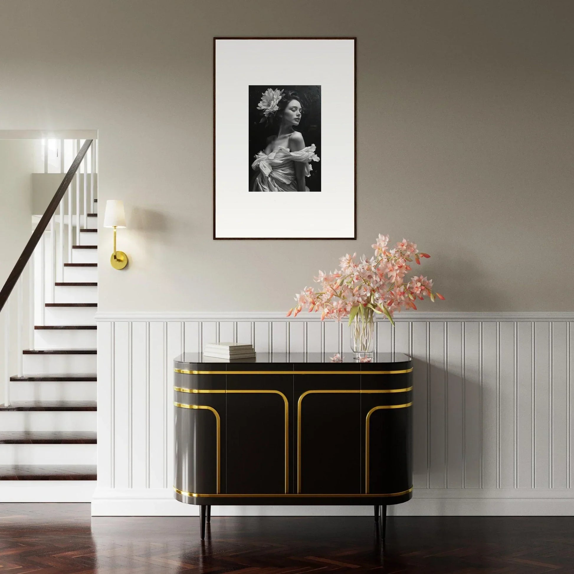 Elegant black and gold sideboard under a canvas print for a bliss reverie room decoration