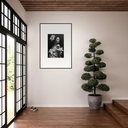 Framed black and white photograph on a white wall for a stylish room decoration