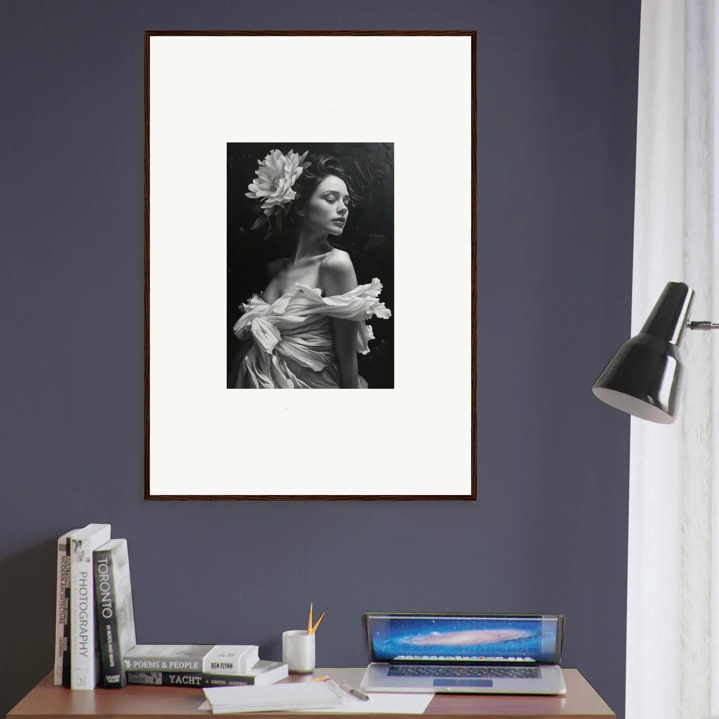 Framed black and white portrait of a woman for a bliss reverie room decoration