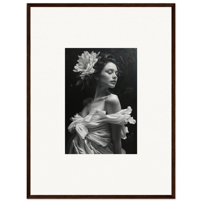 Black and white portrait of a woman in a floral dress for bliss reverie canvas print