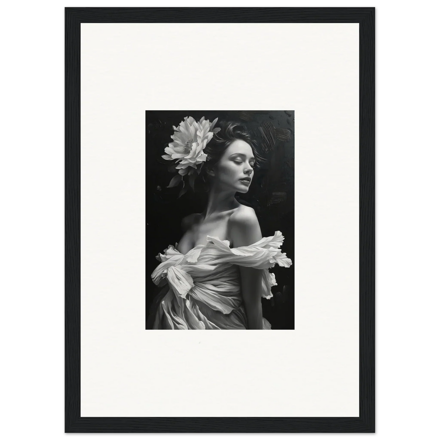 Black and white photo of a woman in an off-shoulder dress for a bliss reverie canvas print