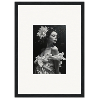 Black and white photo of a woman in an off-shoulder dress for a bliss reverie canvas print