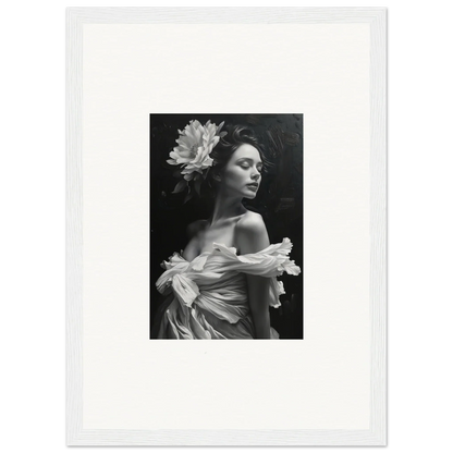 Black and white portrait of a woman with a flower, perfect for bliss reverie room decoration