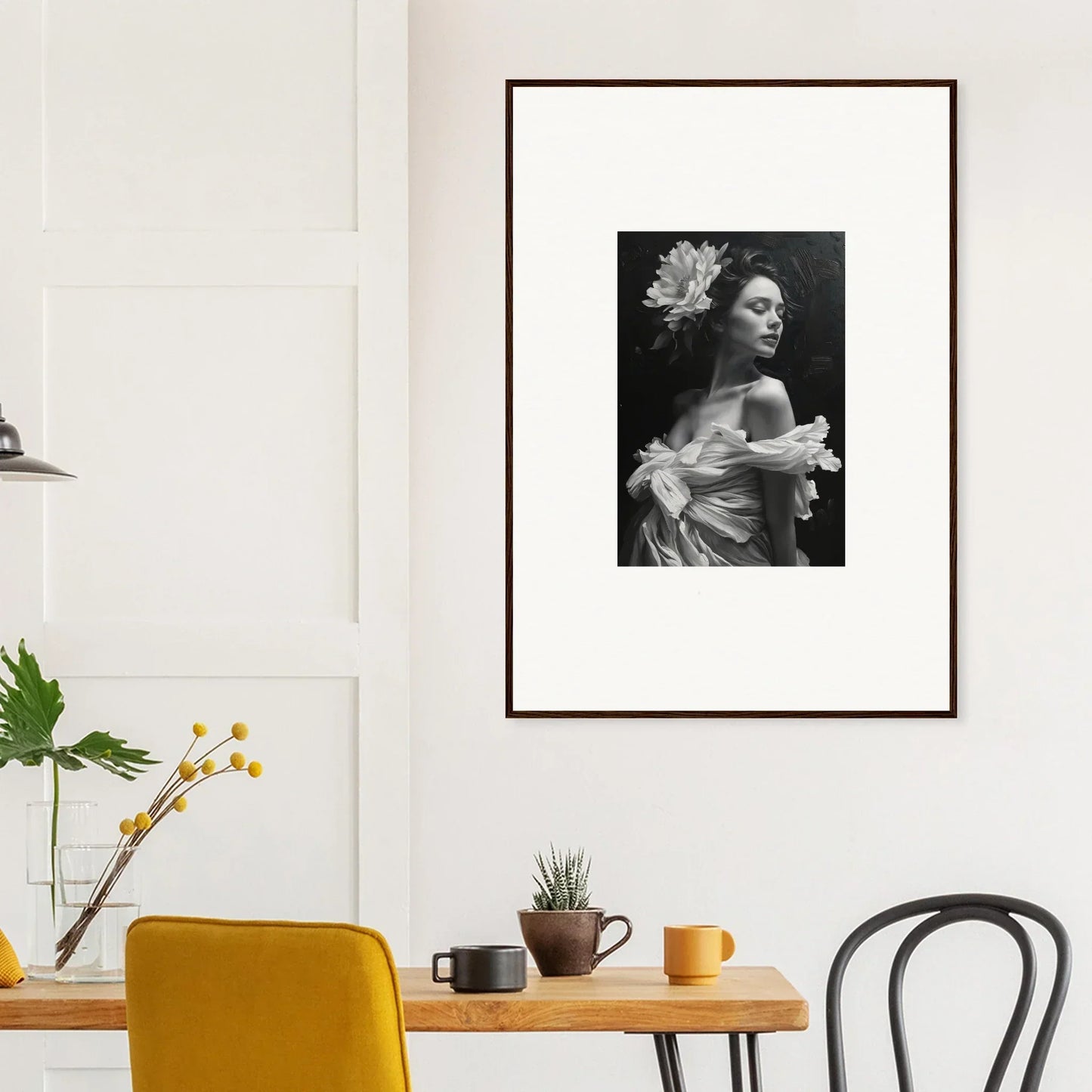 Framed black and white portrait of a woman with a flower, perfect for room decoration bliss reverie