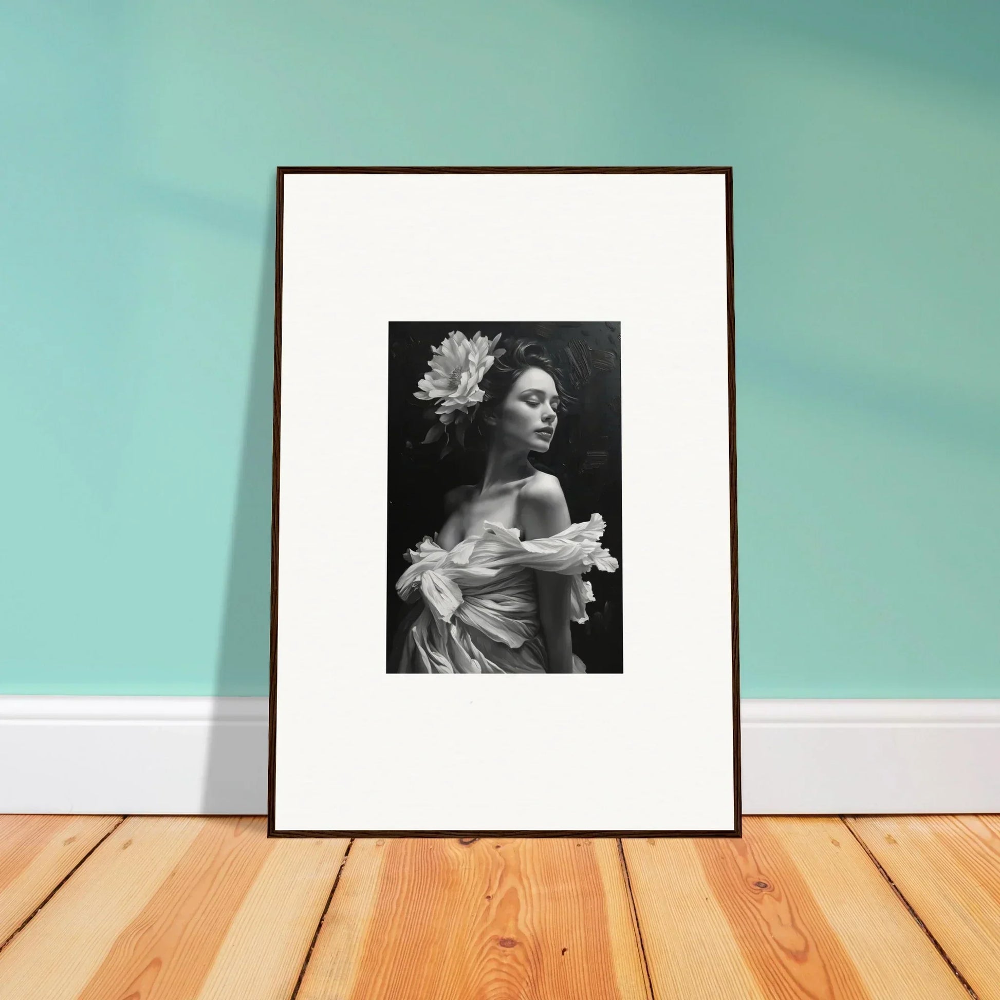 Framed black and white woman portrait with flower, perfect for bliss reverie room decoration