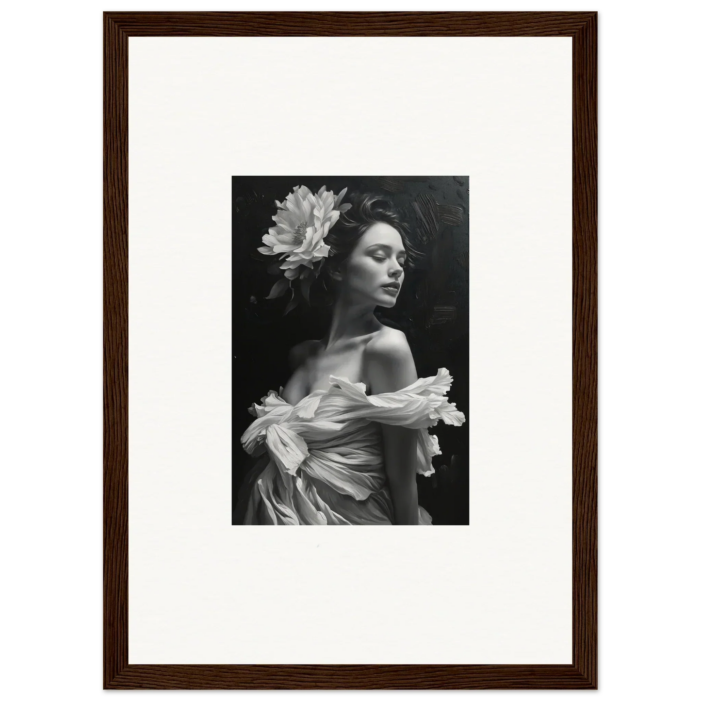 Black and white photo of a woman with a flower, perfect for a bliss reverie canvas print