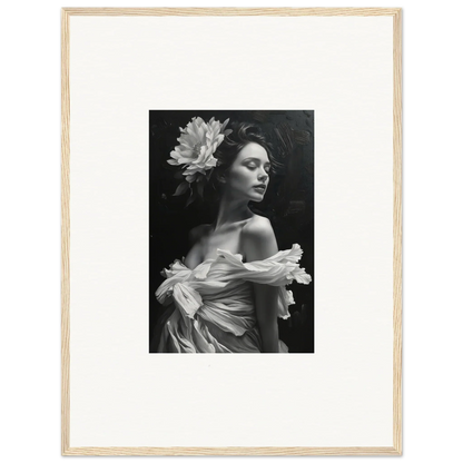 Black and white photo of a woman in a floral dress, perfect for bliss reverie room decoration