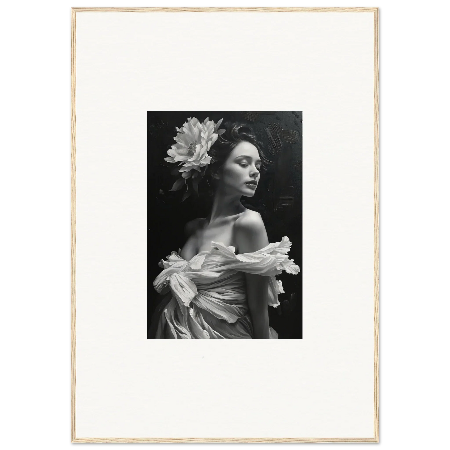 Black and white photo of a woman in a flower crown, perfect for bliss reverie room decoration