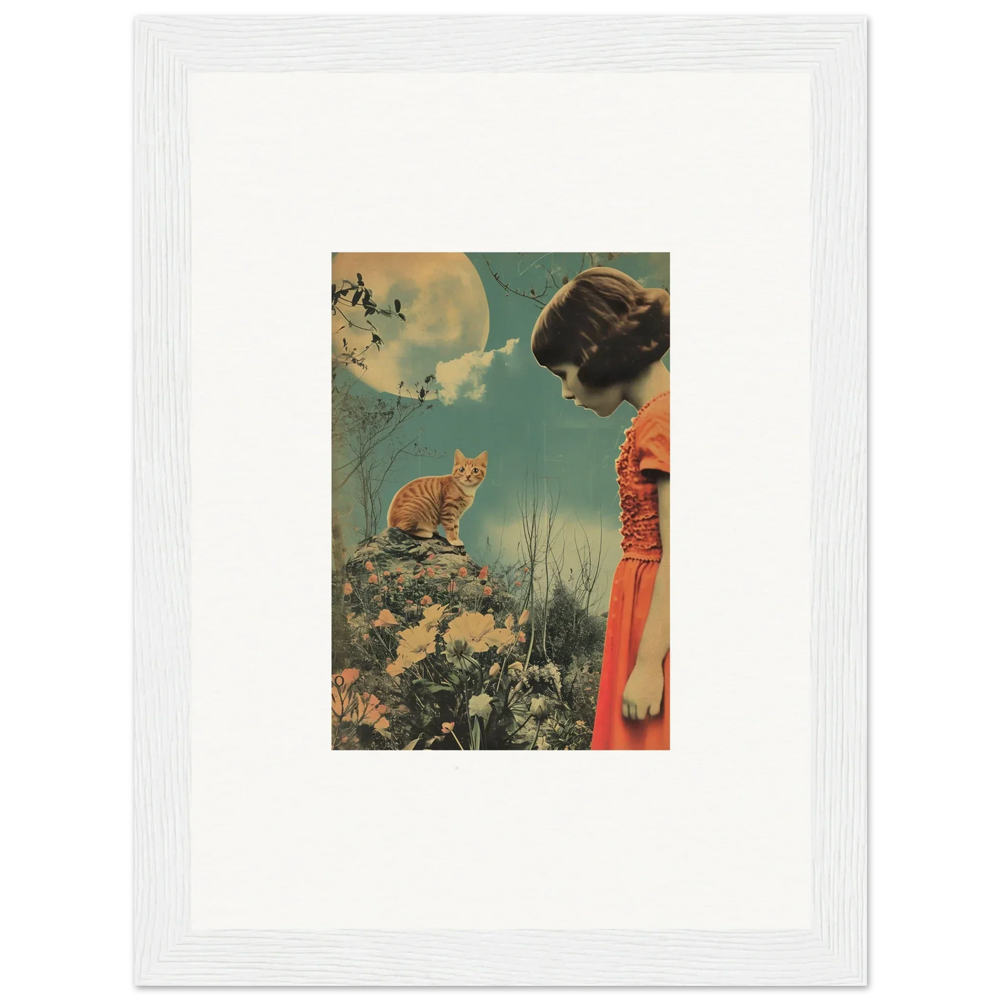 Vintage-style canvas print of a woman in a red dress and cat under surreal sky, perfect for Flora Reverie room decoration