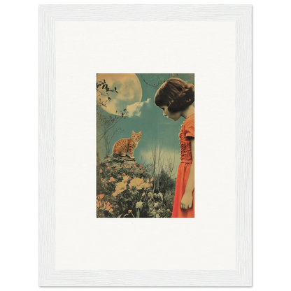 Vintage-style canvas print of a woman in a red dress and cat under surreal sky, perfect for Flora Reverie room decoration