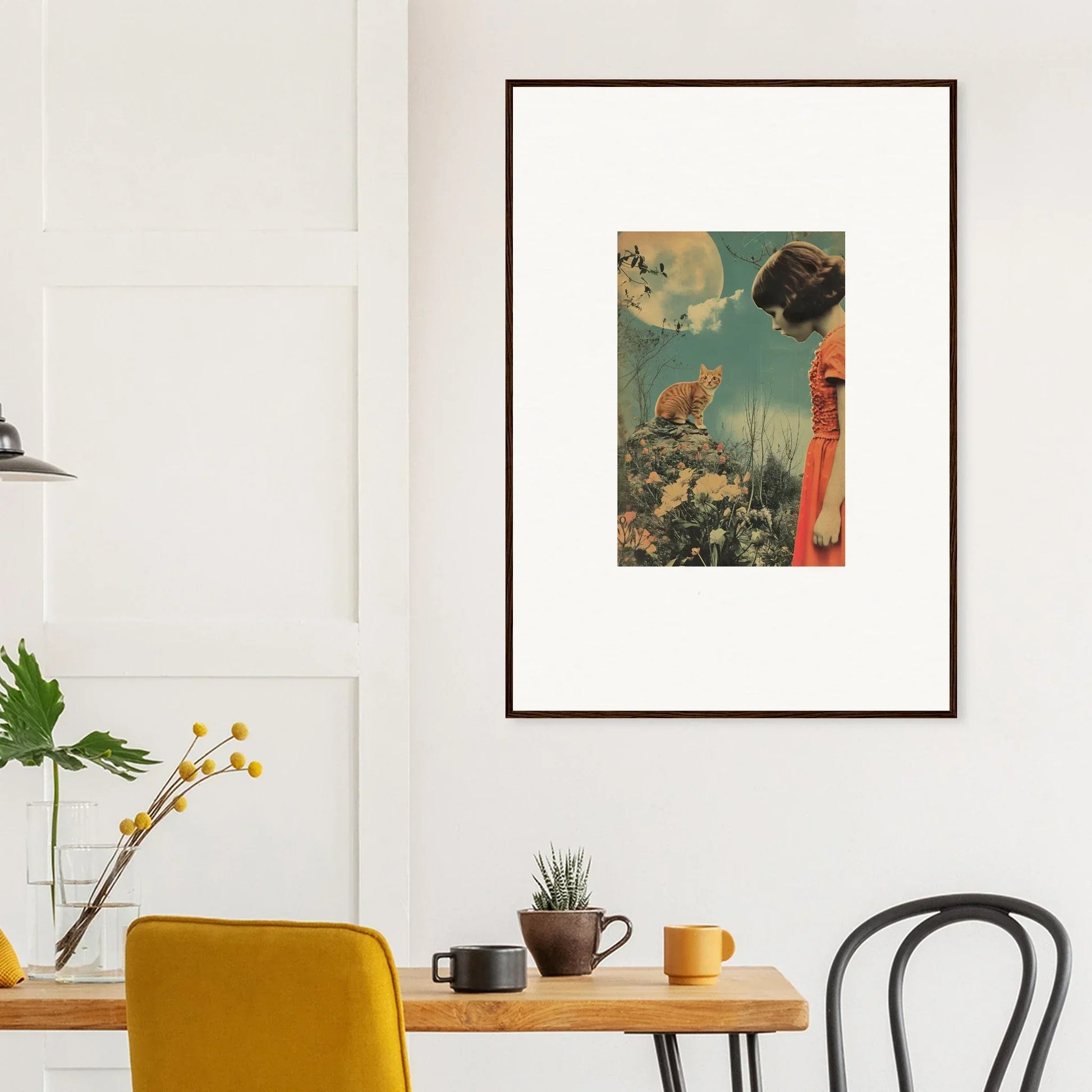 Framed canvas print of Moonlit Flora Reverie with cat, flowers, and geometric shapes