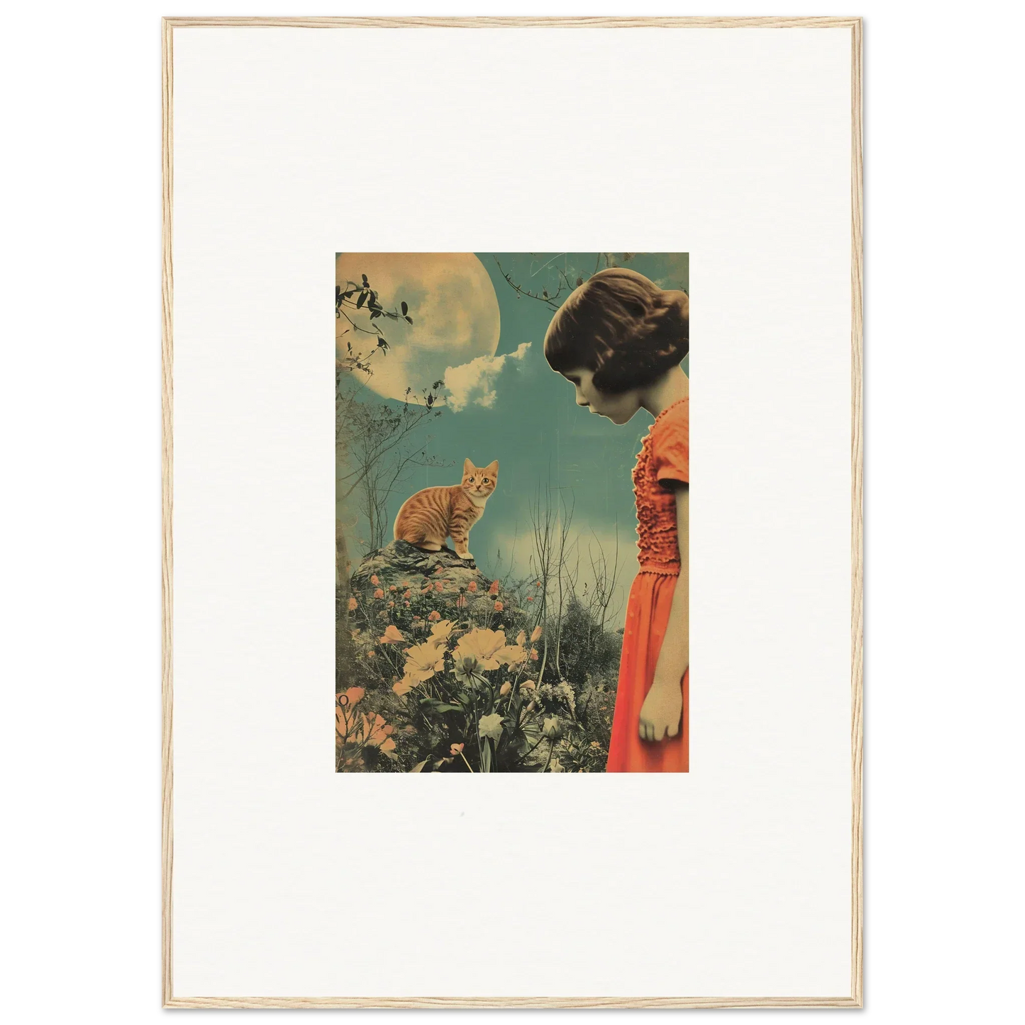 Vintage-style canvas print of a woman in a red dress with a cat and birds for room decoration