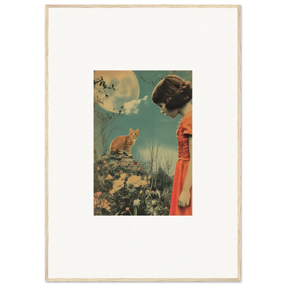 Vintage-style canvas print of a woman in a red dress with a cat and birds for room decoration