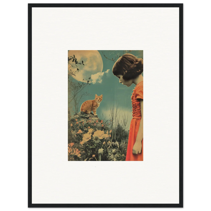 Vintage-style canvas print of a woman in a red dress and cat under a surreal sky