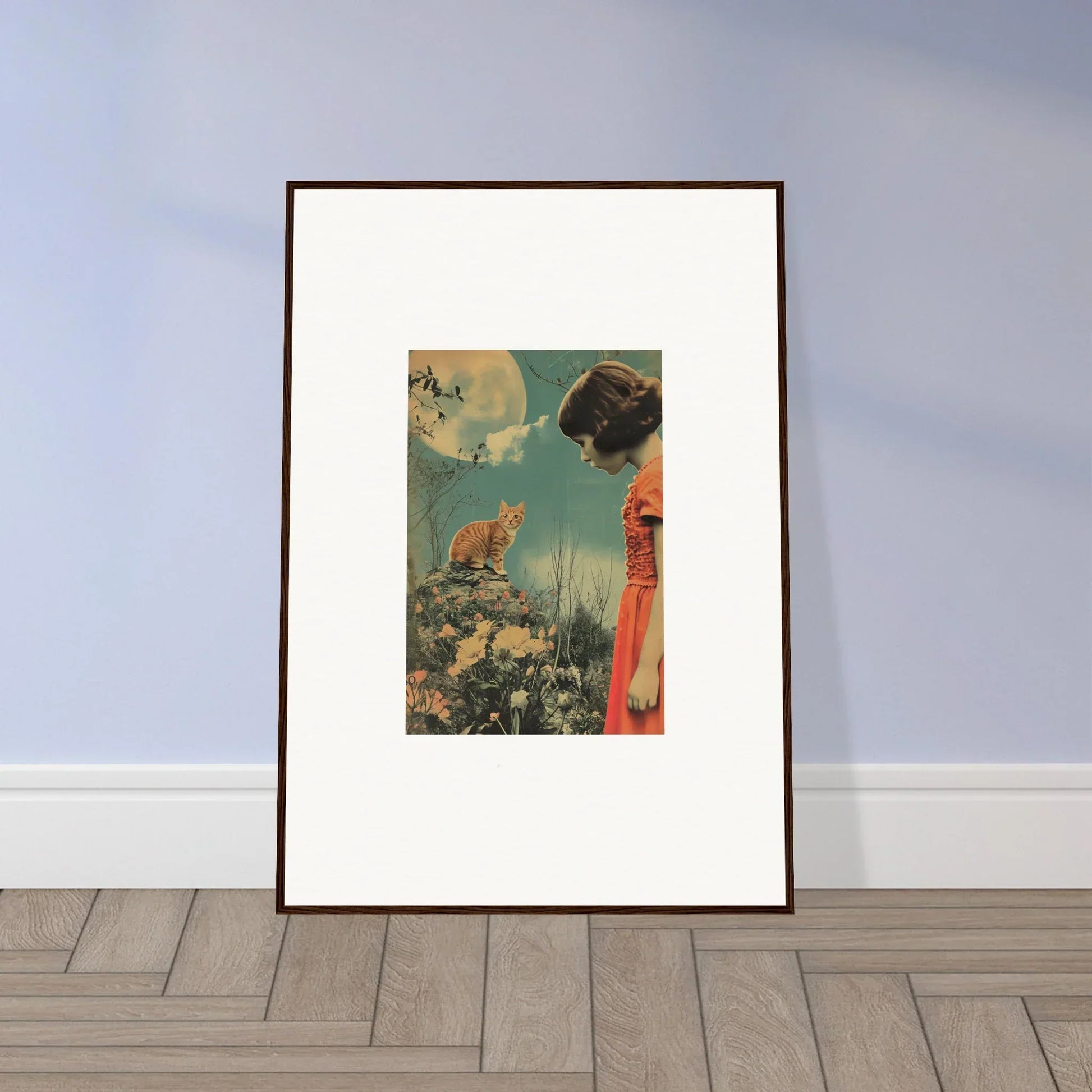 Framed canvas print of surreal flora reverie with a cat and butterflies for room decoration