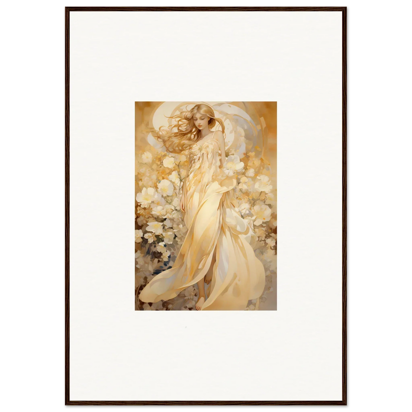 Ethereal female figure in golden robes, perfect for floral harmony room decoration canvas print