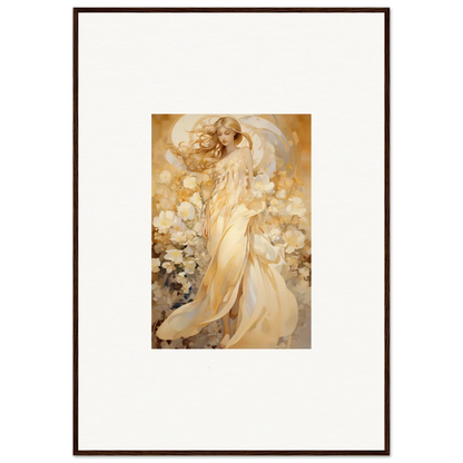 Ethereal female figure in golden robes, perfect for floral harmony room decoration canvas print