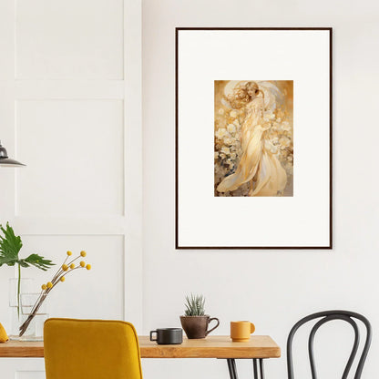 Framed canvas print of a golden ethereal woman in floral harmony for room decoration