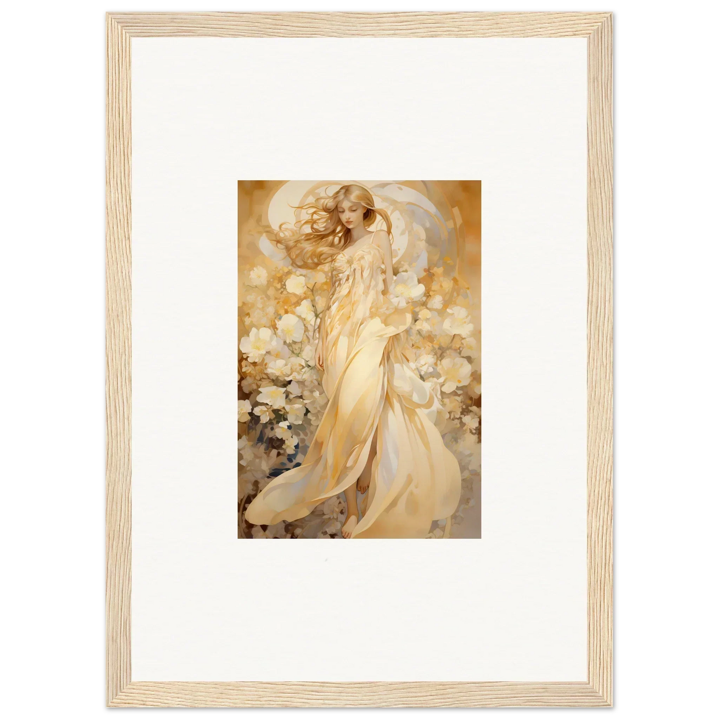 Ethereal female figure in golden tones for floral harmony room decoration canvas print