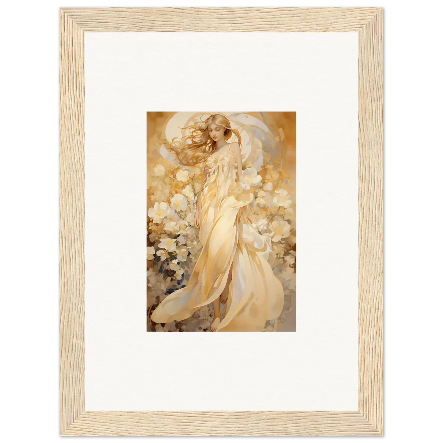 Ethereal angelic figure in golden hues for floral harmony canvas print decoration