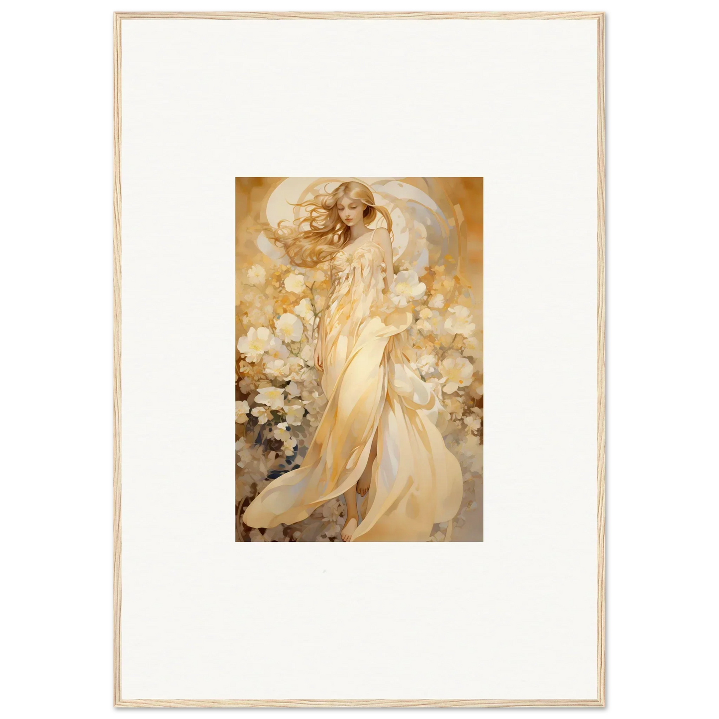 Ethereal female figure in golden robes for floral harmony canvas print room decoration