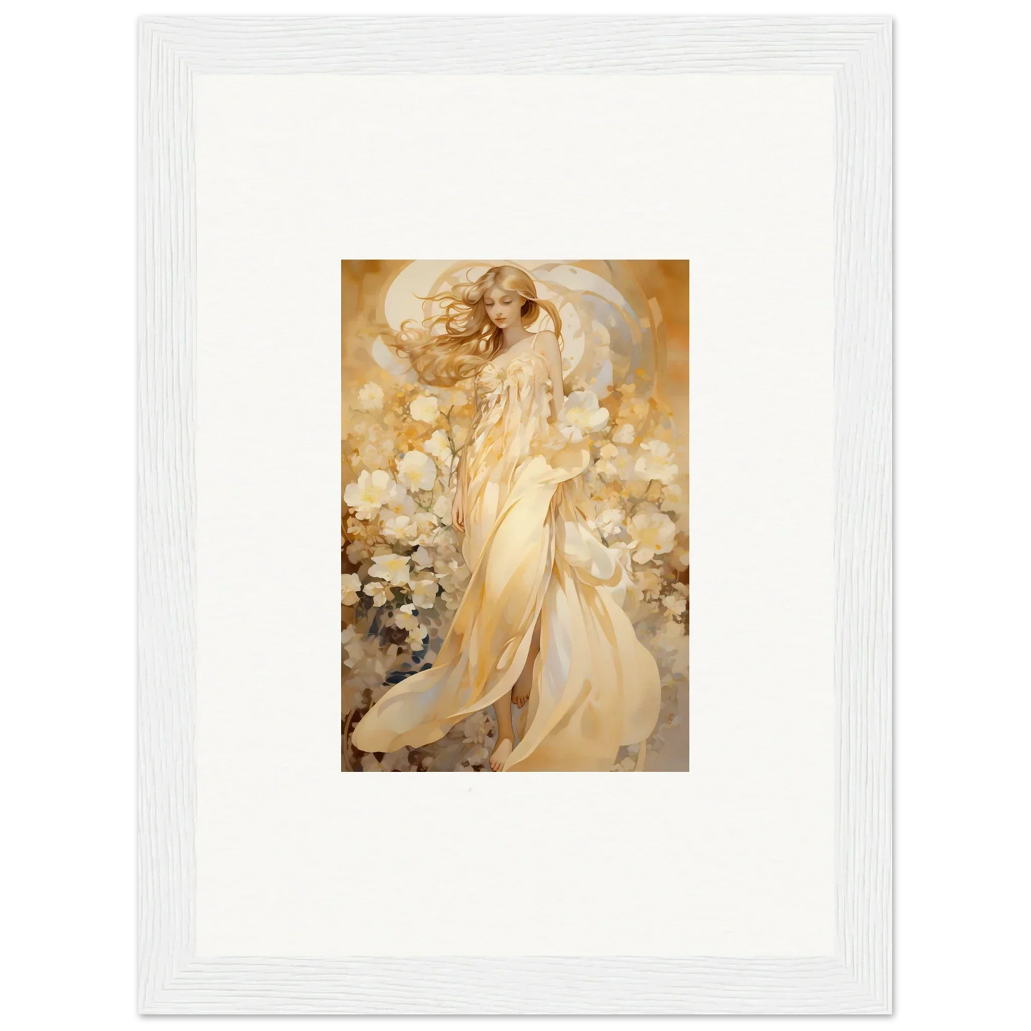 Ethereal angelic figure in golden robes for floral harmony room decoration canvas print