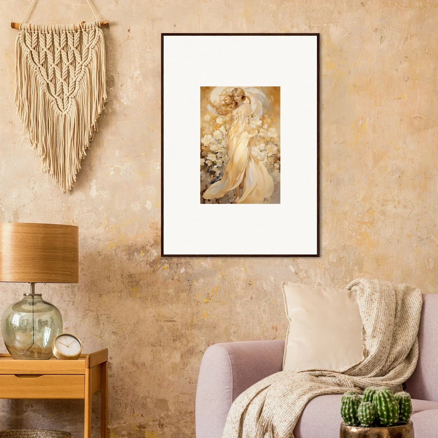 Framed canvas print of an ethereal female figure in golden hues for floral harmony room decoration