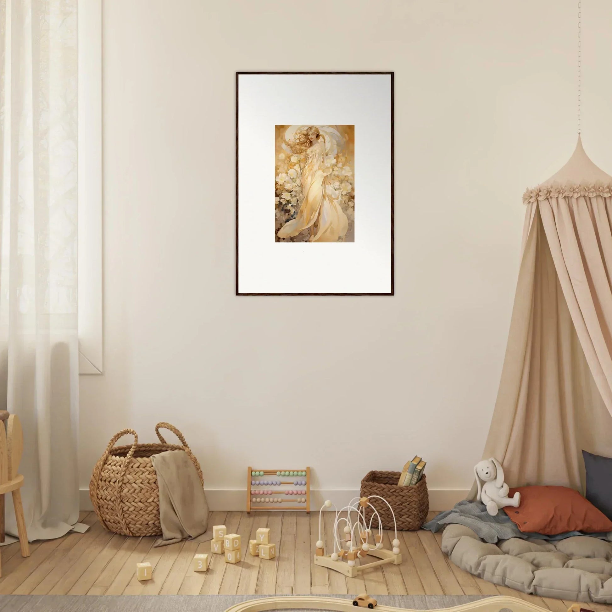 Framed canvas print of Moonlit Floral Harmony with soft golden figure for room decoration