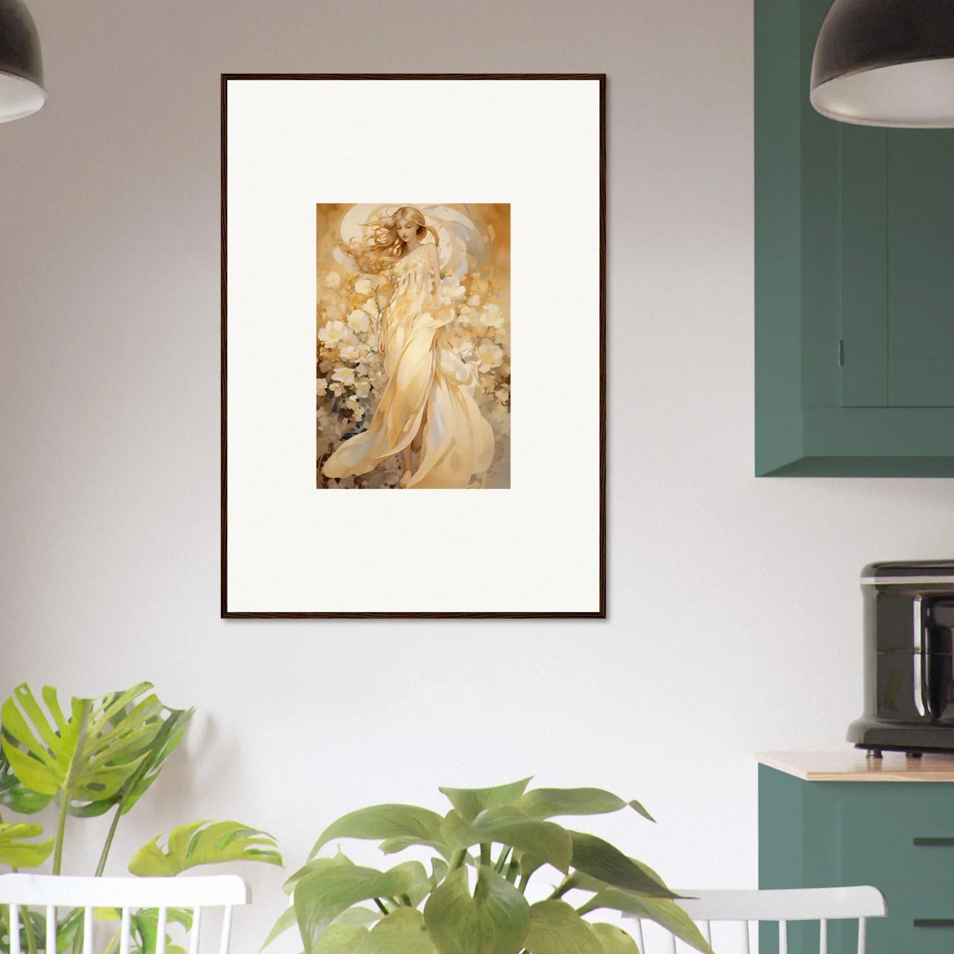 Framed canvas print of a golden female figure for floral harmony room decoration