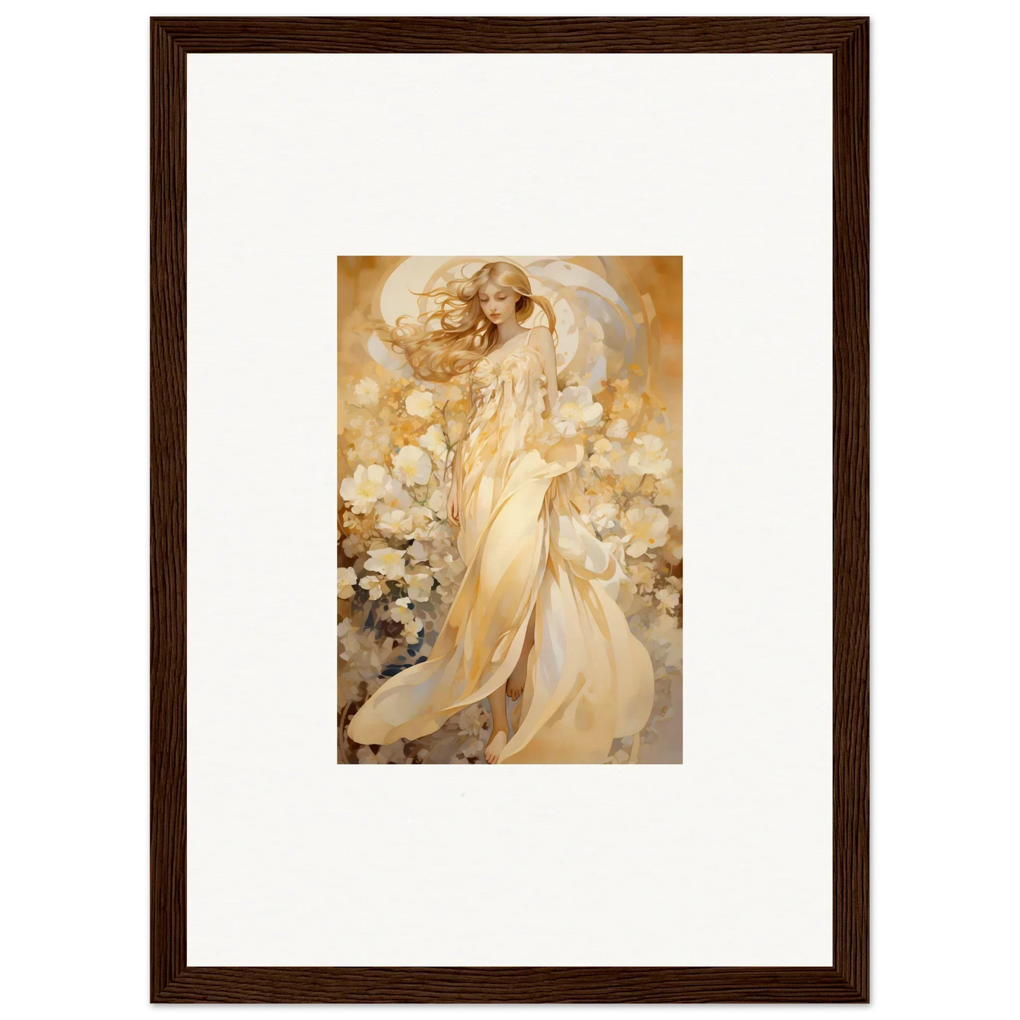 Ethereal painting of a woman in golden robes for floral harmony room decoration canvas print