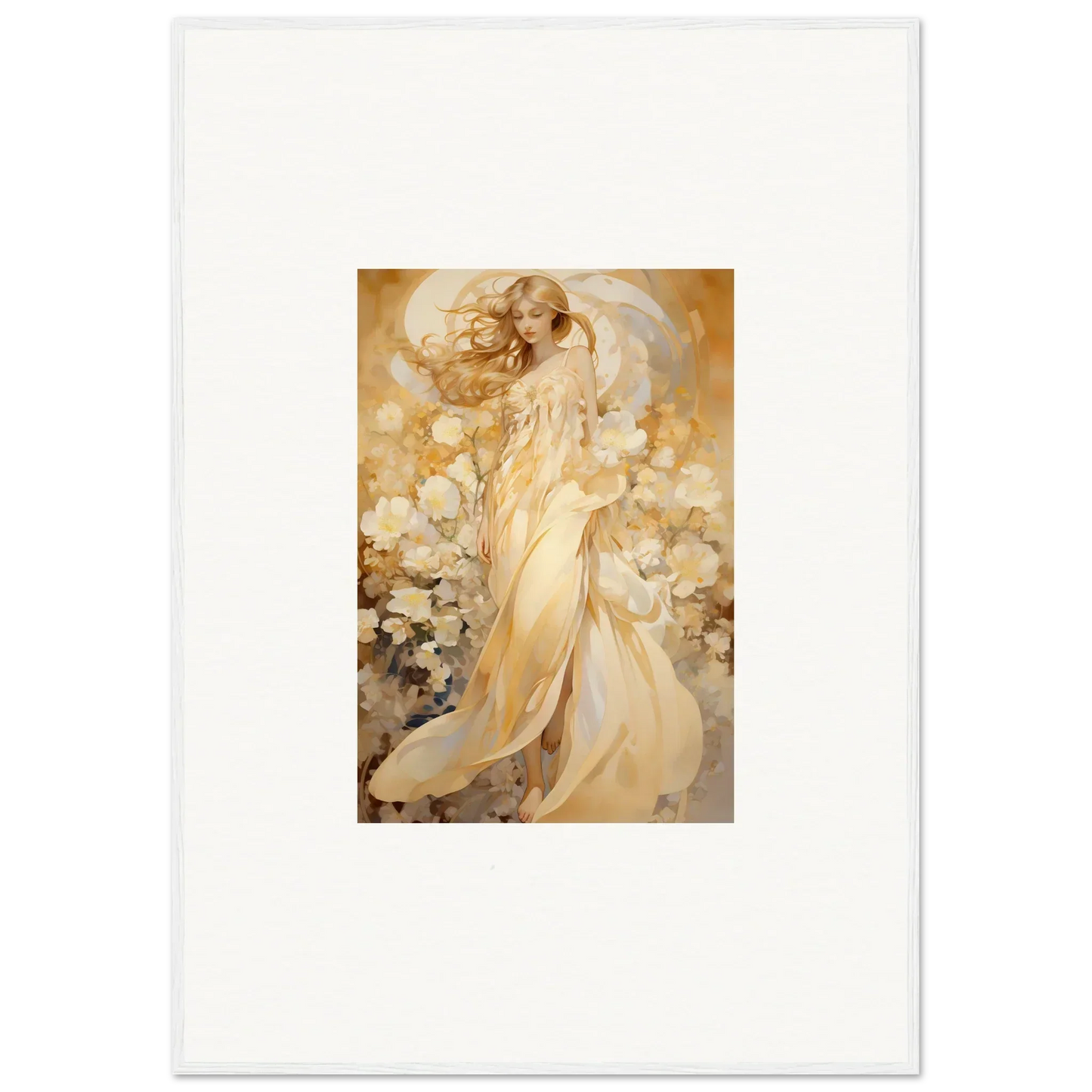 Ethereal woman in golden robes with flowers for floral harmony canvas print