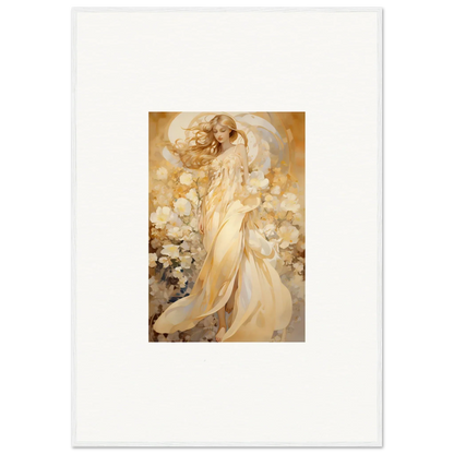 Ethereal woman in golden robes with flowers for floral harmony canvas print