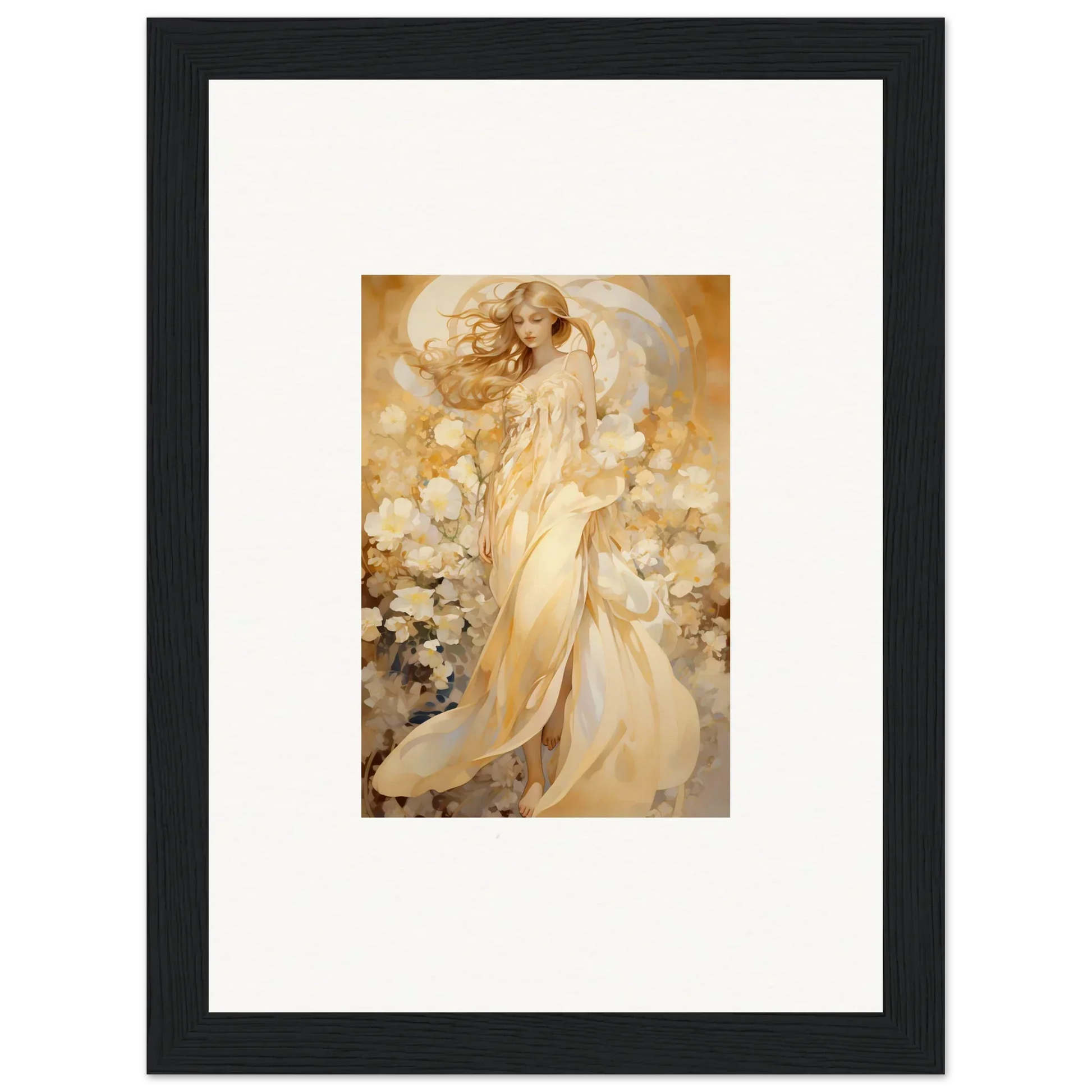 Framed canvas print of a celestial woman in gold, perfect for floral harmony room decoration