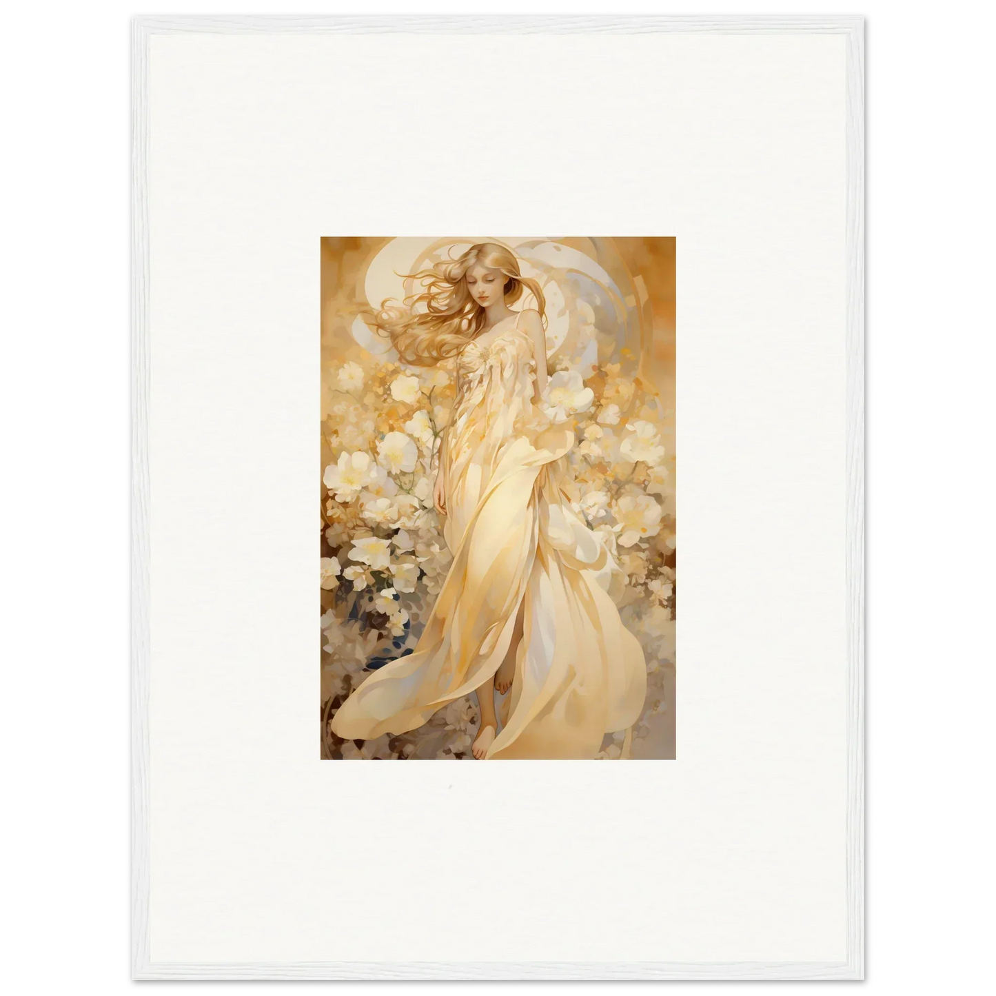 Ethereal female figure in golden robes for a floral harmony canvas print decor