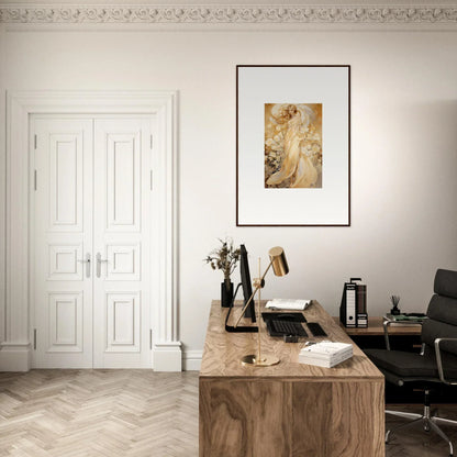 Wooden desk with a typewriter and office accessories for floral harmony room decoration