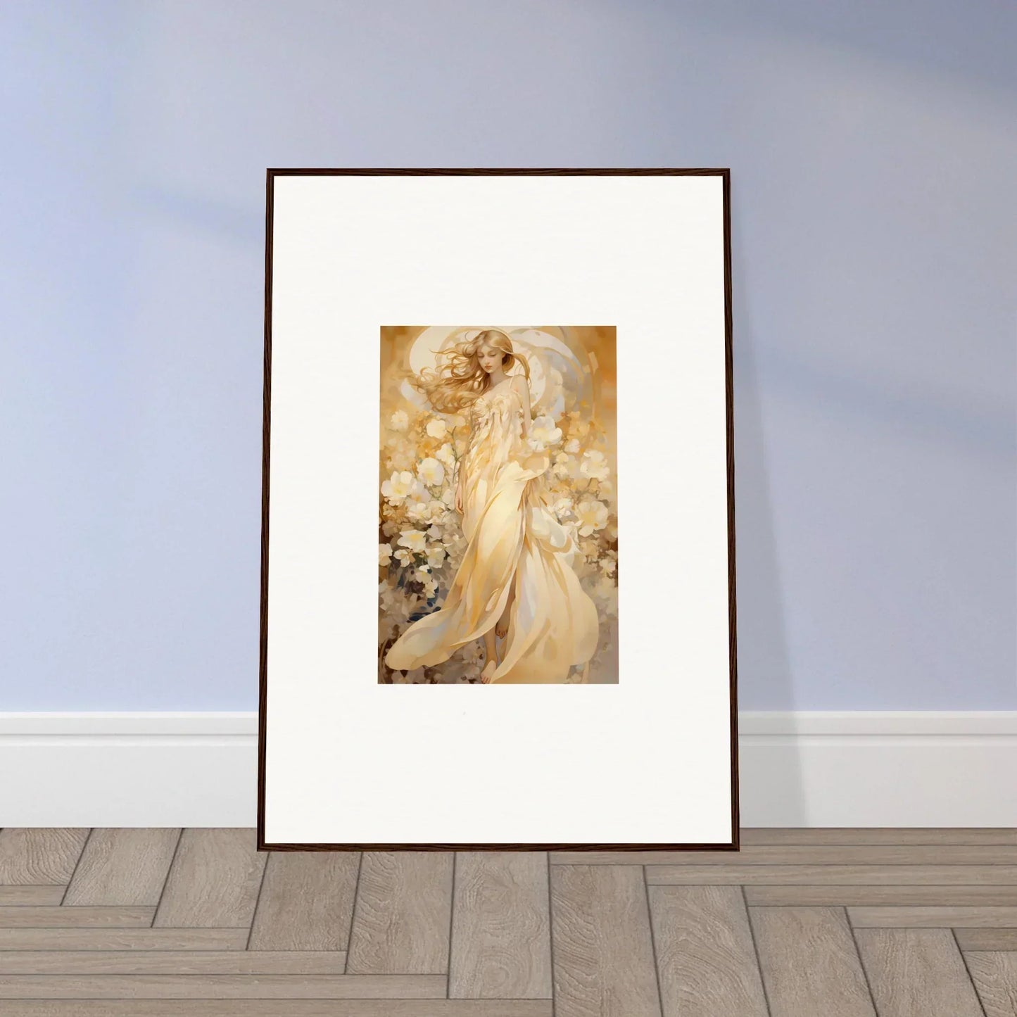 Framed canvas print of a female figure in floral harmony with soft golden hues for room decoration