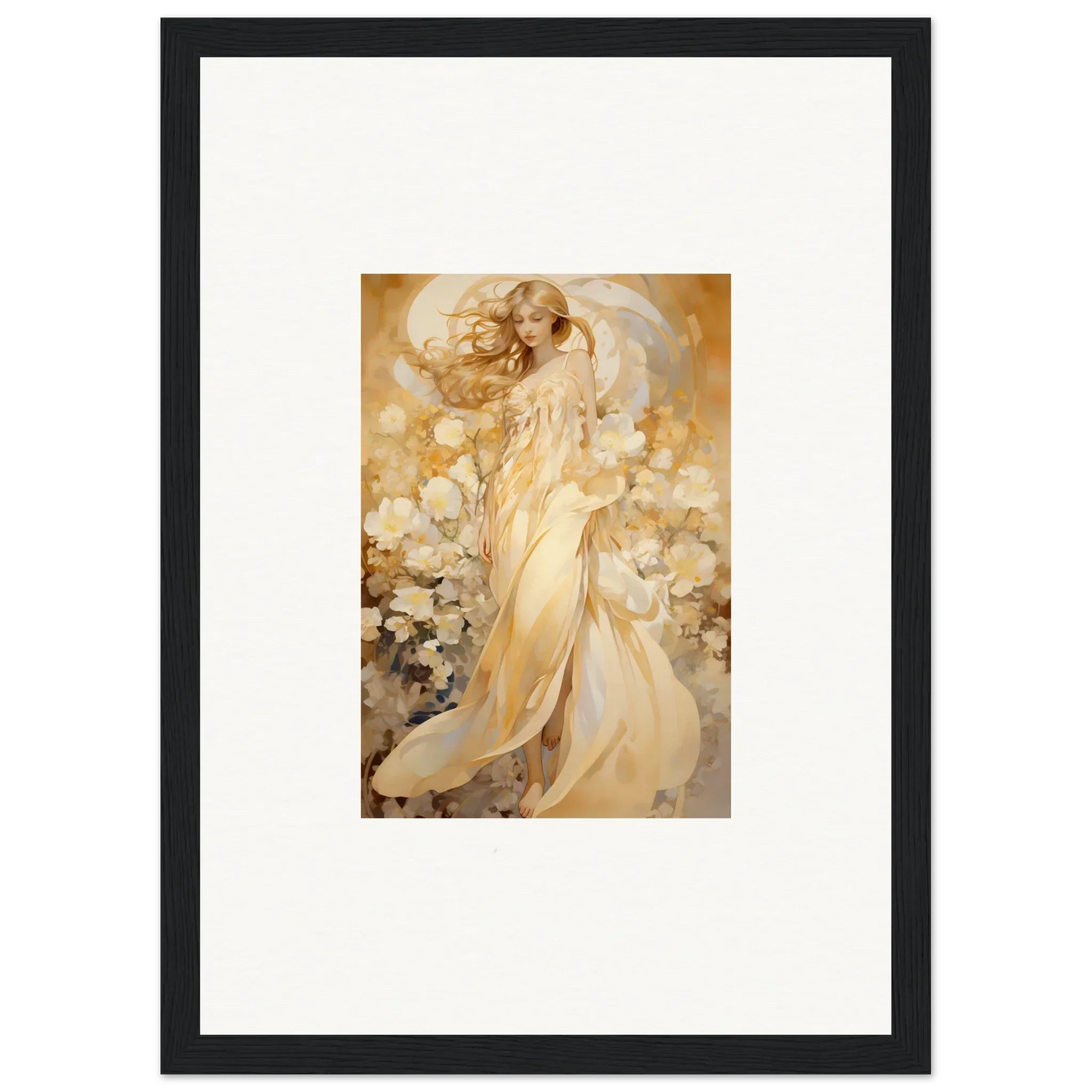 Ethereal female figure in golden robes amidst flowers for floral harmony canvas print